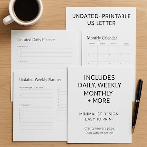 Undated Printable Planner PDF | Minimalist Daily, Weekly, Monthly Pages | US Letter Size | Black & White Digital Download