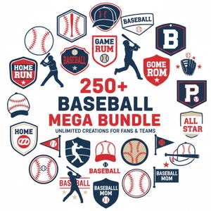 May include: A collection of baseball-themed graphics in red, white, and navy blue. The image includes baseballs, bats, caps, and shields with text like "Home Run" and "Baseball Mom". The central text reads "250+ Baseball Mega Bundle".