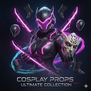 Peut inclure: Illustration numérique d'un ensemble de cosplay futuriste. Il comprend une armure noire et violette, des épées roses lumineuses et un masque blanc. Des bottes et des casques sont également présents. Le texte "COSPLAY PROPS ULTIMATE COLLECTION" est affiché.