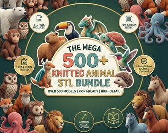 Puede incluir: Una colección digital de más de 500 archivos STL imprimibles en 3D con varios animales de estilo tejido, incluyendo monos, osos polares, zorros, búhos, un dragón, una tortuga, un colibrí, un erizo, un león y caballos sobre fondo verde.