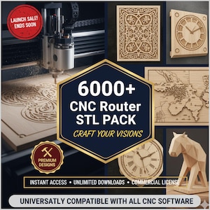 Op de afbeelding: Een advertentie voor een CNC Router STL Pack. De afbeelding toont houten items gemaakt met een CNC-router, waaronder klokken, decoratieve panelen en een geometrisch paard. De tekst luidt "6000+ CNC Router STL Pack" en "Craft Your Visions".