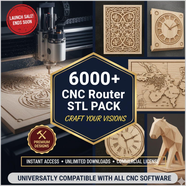 K&ouml;nnte beinhalten: Werbung f&uuml;r ein CNC-Router-STL-Paket. Das Bild zeigt verschiedene Holzartikel, die mit einem CNC-Router erstellt wurden, darunter Uhren, dekorative Paneele und ein geometrisches Pferd. Der Text lautet "6000+ CNC Router STL Pack" und "Craft Your Visions".