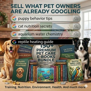 May include: A digital marketing graphic for a 150+ Premium Pet Care E-Books Bundle featuring a golden retriever and a border collie. The image displays search bars with text including puppy behavior tips, cat nutrition secrets, and reptile heating guide.