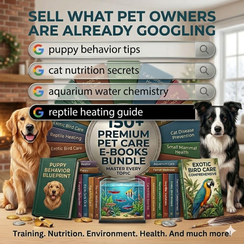 May include: A digital marketing graphic for a 150+ Premium Pet Care E-Books Bundle featuring a golden retriever and a border collie. The image displays search bars with text including puppy behavior tips, cat nutrition secrets, and reptile heating guide.