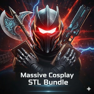 Puede incluir: Ilustración digital de un guerrero futurista con un casco oscuro y ojos rojos brillantes. El guerrero sostiene un hacha de batalla y una pistola futurista, con un libro en cada mano. El texto "Massive Cosplay STL Bundle" está en la parte inferior.