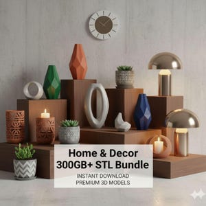 May include: A display of home decor items, including vases, planters with succulents, a clock, and lamps. The items are arranged on wooden blocks. The image includes the text "Home & Decor 300GB+ STL Bundle".