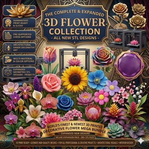 Pacchetto di fiori 3D in formato STL, modelli decorativi multicolore, decorazioni per la casa (download digitale)