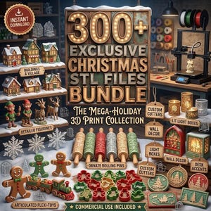 Pode incluir: Uma coleção digital de mais de 300 arquivos STL de Natal exclusivos para impressão 3D, incluindo casas em miniatura, figuras, rolos de massa, cortadores de biscoitos e caixas de luz decorativas com temas festivos.