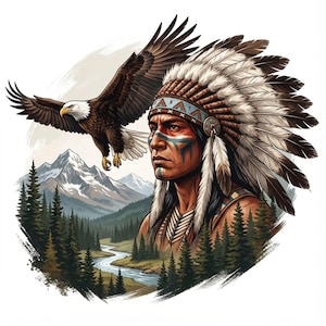 Könnte beinhalten: Illustration eines amerikanischen Ureinwohners mit Federhaube und einem Adler im Flug. Der Mann hat Gesichtsbemalung, vor dem Hintergrund von Bergen, Bäumen und einem Fluss.