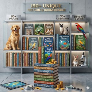 May include: A digital bundle of 150+ pet care e-books displayed on shelves with various animal figures including a golden retriever, Siamese cat, parrot, and rabbit. The collection includes titles on dog care, cat behavior, and exotic pets, with a stack of books.