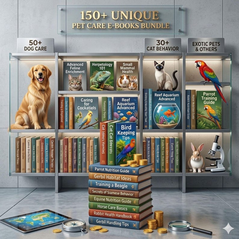 May include: A digital bundle of 150+ pet care e-books displayed on shelves with various animal figures including a golden retriever, Siamese cat, parrot, and rabbit. The collection includes titles on dog care, cat behavior, and exotic pets, with a stack of books.