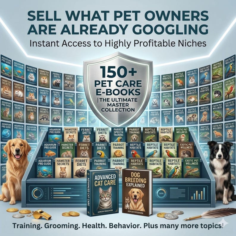 May include: A digital display of 150+ pet care e-books featuring a golden retriever and a border collie. Text reads: SELL WHAT PET OWNERS ARE ALREADY GOOGLING, 150+ PET CARE E-BOOKS, THE ULTIMATE MASTER COLLECTION, ADVANCED CAT CARE, and DOG BREEDING EXPLAINED.