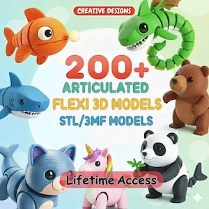 Puede incluir: Imagen promocional que presenta varios modelos 3D articulados, incluyendo un pez, un tiburón, un dragón, un oso, un gato, un unicornio y un panda. El texto dice "200+ Modelos 3D Flexibles Articulados" y "Acceso de por vida".