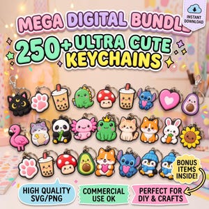 Könnte beinhalten: Ein digitales Paket mit über 250 Schlüsselanhänger-Designs mit bunten Illustrationen von Tieren, Lebensmitteln und Pflanzen. Der Text lautet MEGA DIGITAL BUNDLE 250+ ULTRA CUTE KEYCHAINS, HIGH QUALITY SVG/PNG, COMMERCIAL USE OK und BONUS ITEMS INSIDE.