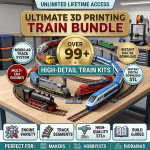 May include: A digital collection of 3D printable train models featuring various locomotives, including a black steam engine, red, blue, and yellow diesel engines, and passenger cars on a modular track system with text labels for instant digital download.