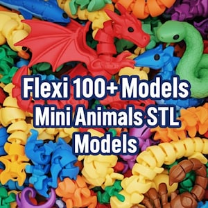 May include: A vibrant assortment of articulated plastic animal models in various colours, such as red, blue, and green. The image displays the text "Flexi 100+ Models Mini Animals STL Models."