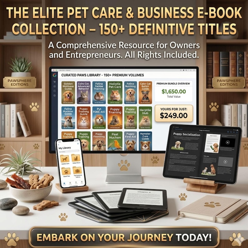May include: A digital collection of pet care and business e-books titled THE ELITE PET CARE & BUSINESS E-BOOK COLLECTION &ndash; 150+ DEFINITIVE TITLES. The display shows a computer monitor, a tablet, a smartphone, and e-readers with pet-themed content.