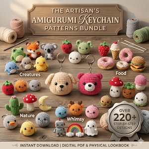 May include: A collection of amigurumi keychain patterns, featuring various crocheted designs. The image includes animal, food, and whimsical themes, such as a fox, koala, strawberry, donut, and burger. The text reads "The Artisan's Amigurumi Keychain Patterns Bundle."