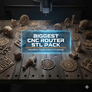 K&ouml;nnte beinhalten: Eine Sammlung aufwendig geschnitzter Holzobjekte, darunter geometrische Formen, Tiere und dekorative Untersetzer, wird auf einer Holzoberfl&auml;che pr&auml;sentiert. Das Bild zeigt den Text "BIGGEST CNC ROUTER STL PACK" und "THOUSANDS OF PREMIUM 3D MODELS FOR DOWNLOAD".