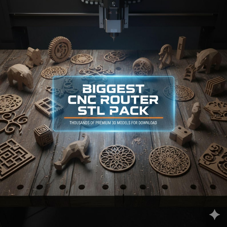 K&ouml;nnte beinhalten: Eine Sammlung aufwendig geschnitzter Holzobjekte, darunter geometrische Formen, Tiere und dekorative Untersetzer, wird auf einer Holzoberfl&auml;che pr&auml;sentiert. Das Bild zeigt den Text "BIGGEST CNC ROUTER STL PACK" und "THOUSANDS OF PREMIUM 3D MODELS FOR DOWNLOAD".
