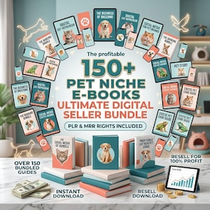 May include: A digital product bundle featuring 150+ pet niche e-books, including guides on breeding, social media, and exotic pet care. The display includes stacks of books, digital tablet screens, and a graph showing profit, with text overlays.