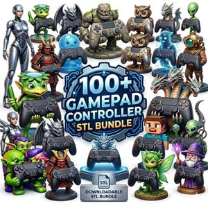 Könnte beinhalten: Eine Sammlung von 3D-gedruckten Figuren, die jeweils einen Gamepad-Controller halten. Die Figuren umfassen einen Roboter, Samurai, Eule, Alien und andere Fantasy-Charaktere. Der Text "100+ Gamepad Controller STL Bundle" ist zu sehen.