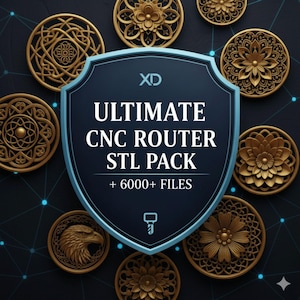 K&ouml;nnte beinhalten: Grafik f&uuml;r ein digitales Produkt mit einem Schild mit der Aufschrift "ULTIMATE CNC ROUTER STL PACK + 6000+ FILES." Um das Schild herum befinden sich goldfarbene, kreisf&ouml;rmige dekorative Designs mit komplizierten Mustern. Der Hintergrund ist dunkelblau mit hellblauen Verbindungslinien.