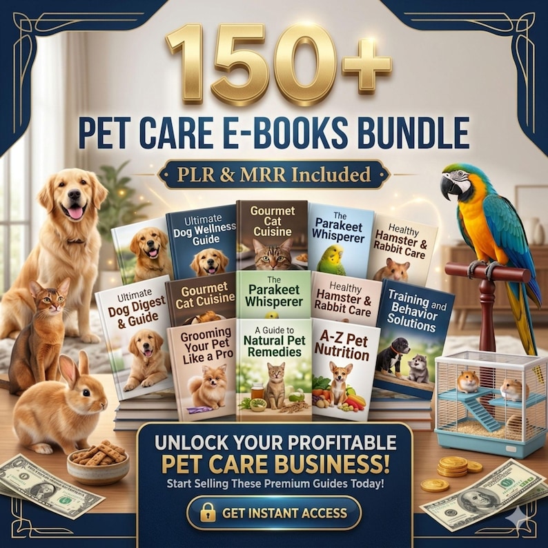 May include: A digital bundle of 150+ pet care e-books featuring titles like Ultimate Dog Wellness Guide, Gourmet Cat Cuisine, and The Parakeet Whisperer. The display includes images of a golden retriever, cat, rabbit, and parrot with US currency.