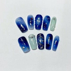 Cosmic Blue Press On Nails with Planet Designs, Galaxy Night Sky Nails with Stars and Moon Charms, Astronomy Nail Art Set Milky Way Elements