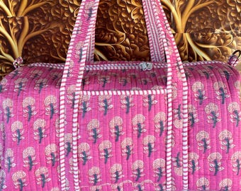Large  Cotton Quilted Duffle Bag Perfect for Weekend Getaways Pink Floral Gym Carry On Women Boho Handmade Block Print Duffle Gift For Mum