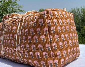 Handmade Shoulder Travel Duffle Tote Large Block-printed Quilted Gym Yoga Cotton Eco Friendly Overnight Weekender Duffel Bag Gift For Women