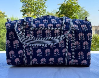 Quilted Floral Duffle Bag, Blue Block Print Weekender Bag, Cotton Travel Gym Bag, Boho Overnight Bag For Women, Handmade Wedding Gift Bag