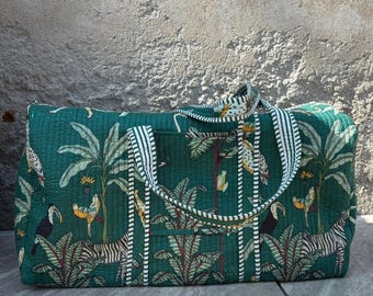 Large Quilted Cotton Duffle Bag | Jungle Block Print Weekender | Boho Travel Bag | Handmade Overnight Bag | Women's Gym Bag | Holiday Gift