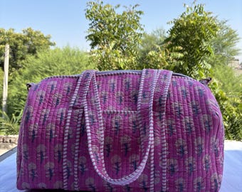 Handmade Quilted Duffle Bag | Indian Cotton Block Print Weekender | Boho Overnight Travel Bag | Everyday Gym Bag | Weekender Gift for Her |