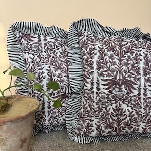 Pink Ruffle Edge Cushion Cover, Striped Frill Lumbar Pillow, Cottage Core Pillow Covers, Bohemian Hand Block Printed Throw Pillow Cases