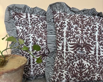 Roze kussenhoes met ruche, gestreept lendenkussen met ruche, kussenslopen cottage-kern, boho handdruk bedrukte sierkussenslopen