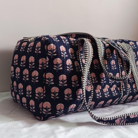 Large Cotton Quilted Blue Duffle Bag Block Print Weekender Bag | Women Holiday Gift | Handmade Shoulder Bag | Travel Gift & Overnight Bag