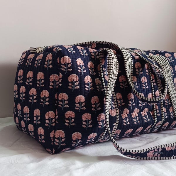 Large Cotton Quilted Blue Duffle Bag Block Print Weekender Bag | Women Holiday Gift | Handmade Shoulder Bag | Travel Gift & Overnight Bag
