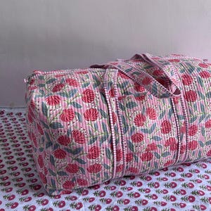 Indian Block Print Quilted Duffle Bag | Kantha Overnight Travel Bag | Floral Boho Weekend Holdall | Handmade Carry-On Bag | Cotton Gym Tote