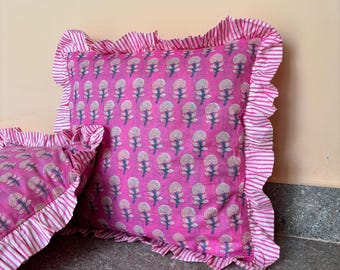 Hand Block Printed Pink Pillow Cover | Nature-Inspired Cotton Pillowcase| Botanical Home-Decor | Neutral Earth Tones | Boho Modern Decor