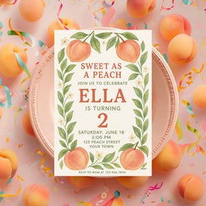 Peach Birthday Invitation | &quot;Sweet as a Peach&quot; 2nd Birthday Party Invite | Girl&#39;s Birthday Editable Template