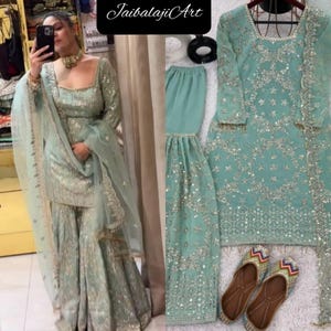 女性デザイナー シャララ クルタ ドゥパッタ ウェディングウェア インド サルワール カミーズ シャルワール スーツ インド クルティ ヘビー パーティーウェア シャララ カミーズ ドゥパッタ スーツ