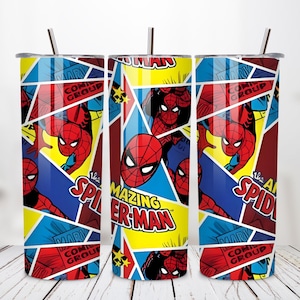 May include: Three stainless steel tumblers with a Spider-Man comic book design. The design features Spider-Man in red and blue, with yellow and blue geometric shapes, and the words "The Amazing Spider-Man" and "Comic Group."