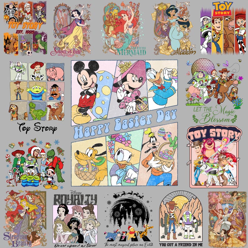Może przedstawiać: Kolekcja kolorowych grafik z postaciami i motywami Disneya. Projekty obejmują postacie z Toy Story, Kr&oacute;lewny Śnieżki, Małej Syrenki, Aladyna i Myszki Miki. Tekst zawiera "Happy Easter Day" i "You Got a Friend in Me."