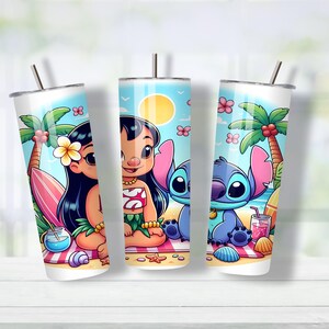May include: Three stainless steel tumblers with illustrations of Lilo and Stitch on a beach. Each tumbler features a different scene with the characters, palm trees, and a sunny sky. The tumblers have a straw and are decorated with bright colors.
