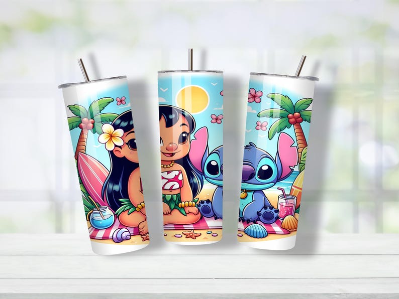 May include: Three stainless steel tumblers with illustrations of Lilo and Stitch on a beach. Each tumbler features a different scene with the characters, palm trees, and a sunny sky. The tumblers have a straw and are decorated with bright colors.