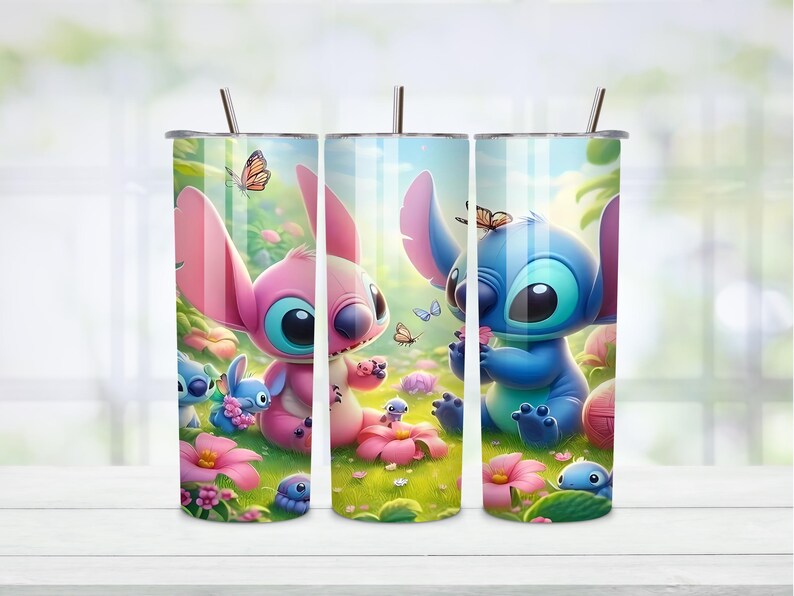 May include: Three stainless steel tumblers featuring a colorful cartoon illustration of Stitch and Angel in a garden setting. The design includes pink and blue characters, flowers, butterflies, and a straw.