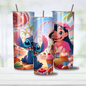 May include: Three stainless steel tumblers with colorful illustrations of Stitch and Lilo from the animated movie. The designs feature a carnival scene with a Ferris wheel, palm trees, and various treats. Each tumbler has a straw and a lid.