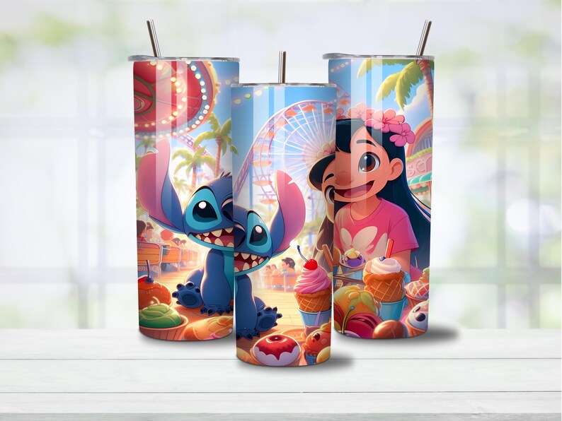 May include: Three stainless steel tumblers with colorful illustrations of Stitch and Lilo from the animated movie. The designs feature a carnival scene with a Ferris wheel, palm trees, and various treats. Each tumbler has a straw and a lid.