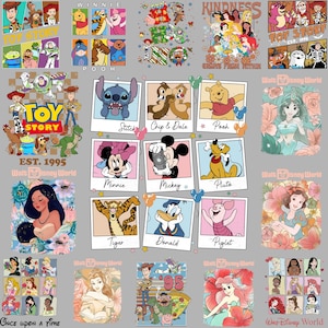 Może przedstawiać: Kolekcja obraz&oacute;w postaci Disneya, w tym Toy Story, Kubuś Puchatek, Stitch, Chip i Dale, Myszka Miki, Myszka Minnie, Donald i księżniczki Disneya. Każdy obraz jest w ramce w stylu polaroid, z logo Walt Disney World.